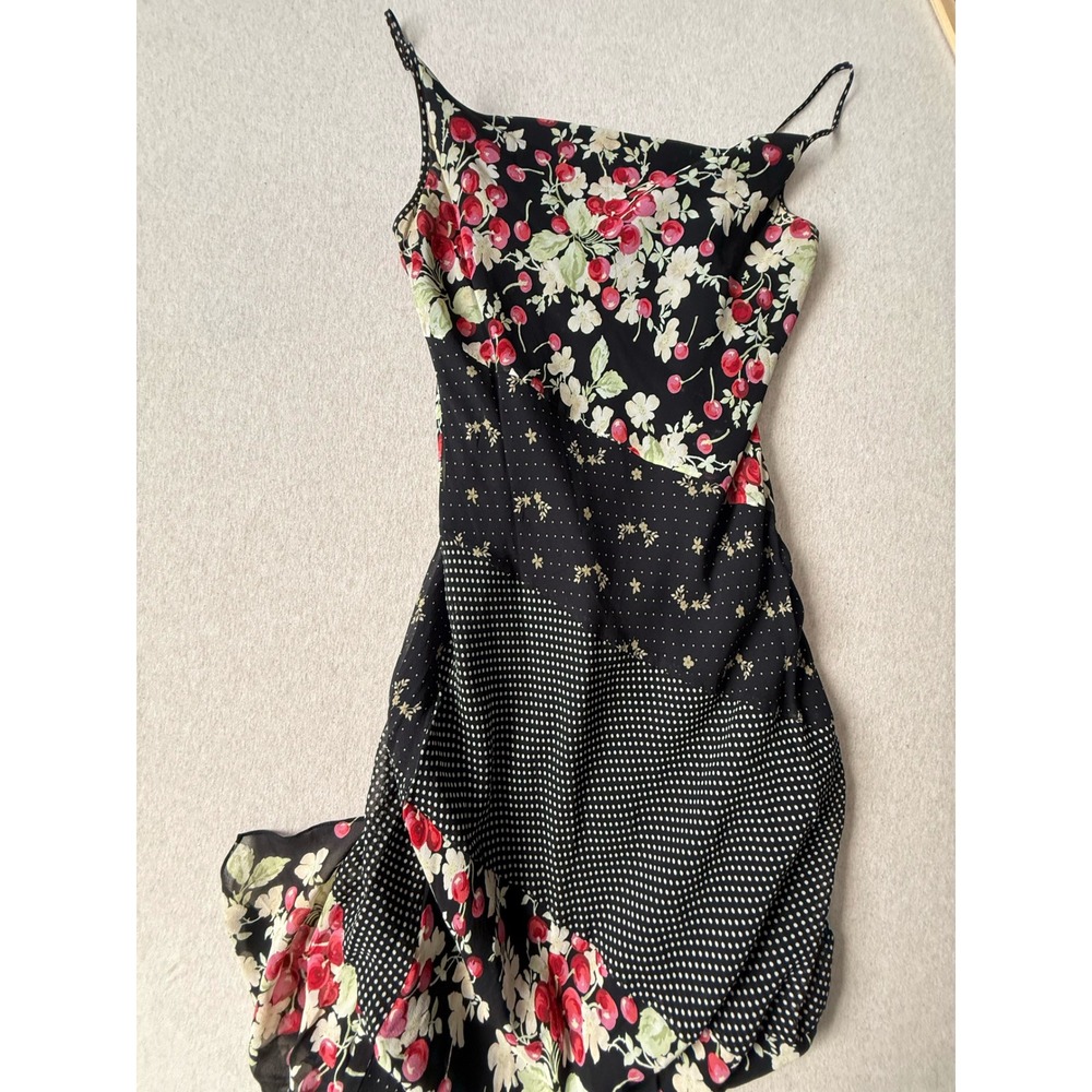 Express Vintage 100% Silk Mixed Print Cherry Polka Dot Midi Dress Size 5/6